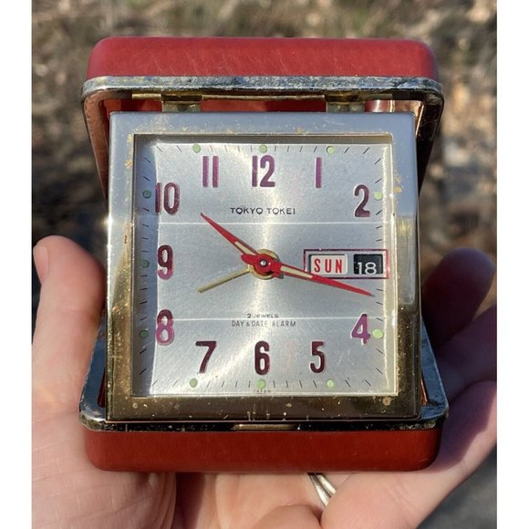 Vintage Tokyo Tokei 2 Jewels Red TESTED - Works - Alarm Folding Clock MCM RETRO - Picture 3 of 12